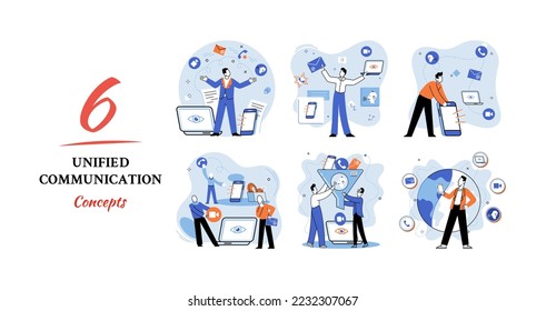 Unified communication metaphor. Social media creative idea. Online social network. Business interaction applications. Marketing time. Mobile computer gadgets for cooperations and information exchange