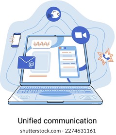 Unified communication metaphor. Social media creative idea. Online social network. Business interaction applications. Marketing time. Mobile computer gadgets for cooperations and information exchange