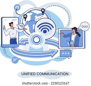 Unified communication with modern gadgets mobile phone and computer, mutual assistance. Business support, project management. Network internet connection, interaction with services of wi fi provider