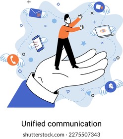 Unified communication, mutual assistance concept. Enterprise communications platform, consistent unified user interface. Business support, project management. Network internet connection, interaction