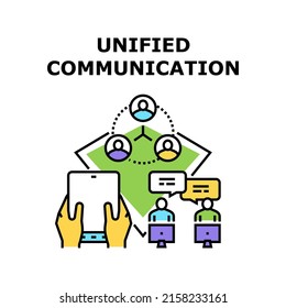 Unified Communication Vector Icon Concept. Team And Co-workers Unified Communication, Network Internet Connection For Communicate And Conversation Online. Business Technology Color Illustration