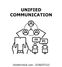 Unified Communication Vector Icon Concept. Team And Co-workers Unified Communication, Network Internet Connection For Communicate And Conversation Online. Business Technology Black Illustration