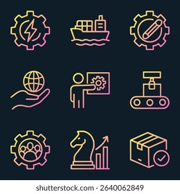 Unified Industry Icons on Dark Backdrop. Icon symbol illustration