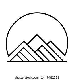 A unified set of mountains in a style with various stripes defining lights and shadows in black and white line art, enclosed in a circle like a sunrise