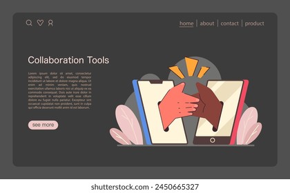 Unified technology concept. Two hands engaging from digital devices symbolize remote collaboration. Partnership through innovative tech tools. Flat vector illustration