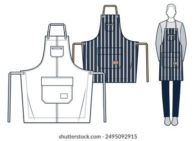 Uniform Apron technical fashion Illustration, striped design. Kitchen protective Apron fashion flat technical drawing template, white, blue, women, men, unisex CAD mockup set.