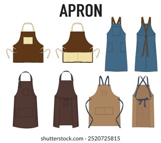 Apron uniforme moda técnica ilustração. Coleção de aventais para restaurantes, cafés, cozinhas, etc. Os aventais são descritos como frente e verso plano.