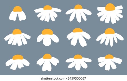 A uniform arrangement of white daisy illustrations, each with a bright orange center, set against a modern gray background.