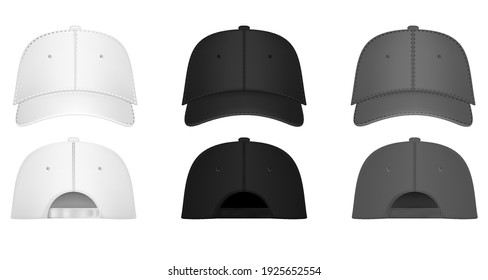 Uniform cap or hat. Mockup and blank template of baseball uniform cap with front, back and right side view. Isolated vector illustrations set. Design template. Vector illustration.