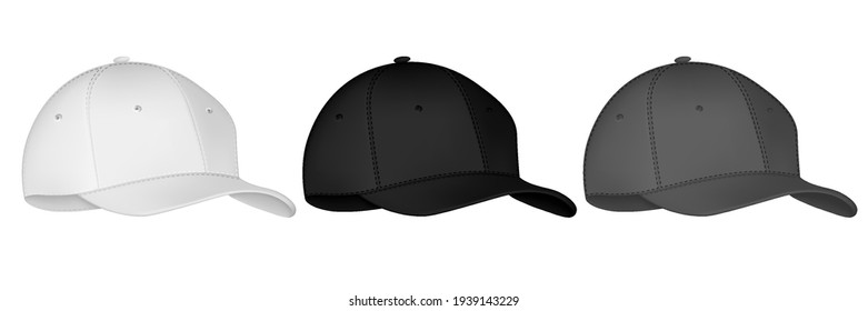 Uniform cap or hat. Mockup and blank template of baseball uniform cap with front side view. Isolated vector illustrations set. Design template, Realistic back, front and side. Vector illustration.