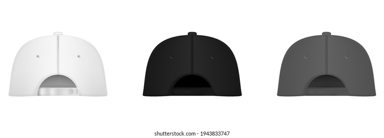 Uniform cap or hat. Mockup and blank template of baseball uniform cap with back side view. Isolated vector illustrations set. Design template, Realistic back side. Vector eps10 illustration.