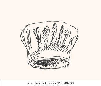 Uniform chef hats and cap  icon, in sketch hand drawn style, for food and restaurant business design. Vector