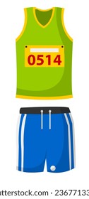 Uniform or clothes of marathon runner or sprinter, isolated shorts and tshirt with number. Running and jogging, sports activities and challenges for people, sportsman event. Vector in flat style