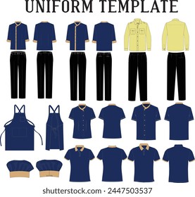 Uniform collection for restaurants includes chef's shirt, waiter's shirt, protective gear, apron, and kitchen hat. This is a before and after illustration. Uniform template