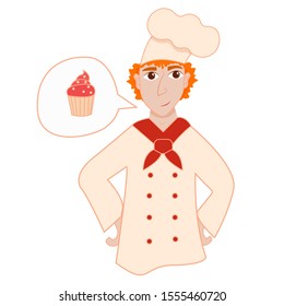 
Uniform cook thinks about a cupcake. Stock vector illustration on a white background in cartoon style.