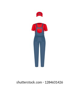 Uniform of courier. Red cap, t-shirt and blue overall. Clothes of delivery service worker. Flat vector design