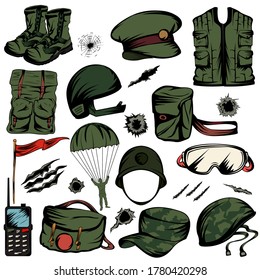 Uniform and equipment like helmet and gears of Army in vector