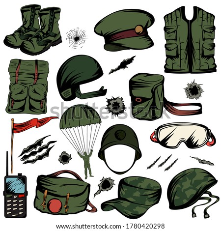 Uniform and equipment like helmet and gears of Army in vector