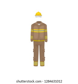 Uniform of fireman. Yellow helmet, brown jacket and pants with stripes. Protective firefighter clothes. Flat vector design