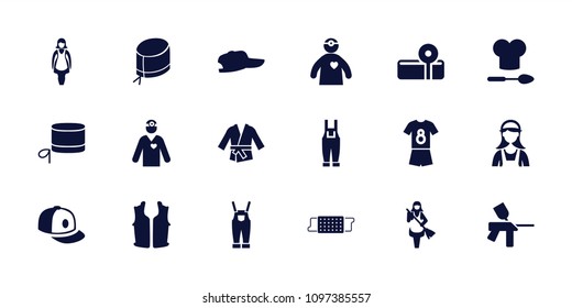 Uniform icon. collection of 18 uniform filled icons such as maid, baseball cap, gardener jumpsuit, nurse hat. editable uniform icons for web and mobile.