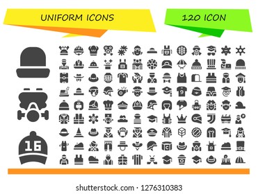  uniform icon set. 120 filled uniform icons. Simple modern icons about  - Hat, Cap, Gas mask, Helmet, Chef, Pom pom, Maid, Apron, Hockey, Mortarboard, Sheriff, Clerk, Bulletproof vest