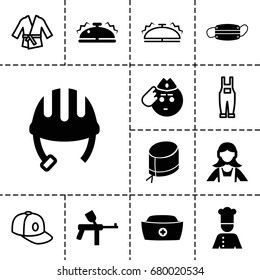 Uniform icon. set of 13 filled and outline uniform icons such as helmet, maid, soldier emot, nurse hat, medical mask, chef, bell, baseball cap, gardener jumpsuit, kimono