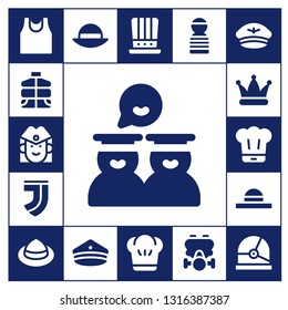 uniform icon set. 17 filled uniform icons.  Collection Of - Sport shirt, Vest, Stewardess, Graduates, Juventus, Hat, Chef, Police hat, Prisioner, Gas mask, Helmet