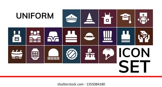 uniform icon set. 19 filled uniform icons.  Collection Of - Police hat, Apron, Football, Helmet, Cap, Graduates, Bulletproof vest, Hat, Sleeveless shirt, Sleeveless, Graduation