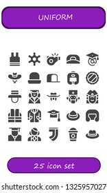 uniform icon set. 25 filled uniform icons.  Collection Of - Sleeveless, Sheriff, Referee, Cap, Graduation, Hat, Boxing helmet, Surgeon, Stewardess, Vest, Lab coat, Mortarboard
