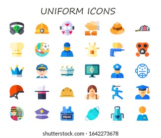 uniform icon set. 30 flat uniform icons.  Simple modern icons such as: gas mask, helmet, hockey, martial arts, hat, cap, chef hat, football, delivery man, apron, paintball gun
