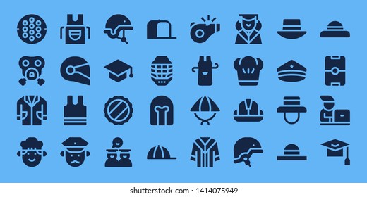 uniform icon set. 32 filled uniform icons. on blue background style Simple modern icons about  - Hockey, Gas mask, Lab coat, Chef, Apron, Helmet, Sleeveless, Policeman, Mortarboard