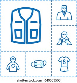 Uniform icon. set of 6 uniform outline icons such as security guy, maid, sleeveless shirt, doctor with medical reflector, medical mask