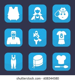 Uniform icon. set of 9 filled uniform icons such as security guy, maid, soldier emot, gardener jumpsuit, nurse hat, chef hat and spoon, football uniform