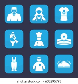 Uniform icon. set of 9 filled uniform icons such as security guy, maid, gardener jumpsuit, medical reflector, doctor with medical reflector, chef, bell