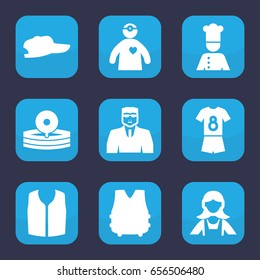 Uniform icon. set of 9 filled uniform icons such as security guy, maid, sleeveless shirt, medical reflector, doctor with medical reflector, chef, football uniform