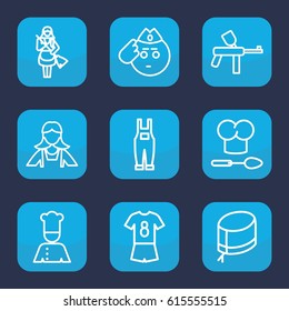 Uniform icon. set of 9 outline uniform icons such as maid, gardener jumpsuit, nurse hat, chef, chef hat and spoon, football uniform, soldier emot