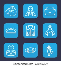 Uniform icon. set of 9 outline uniform icons such as maid, sleeveless shirt, nurse hat, medical reflector, doctor with medical reflector, medical mask, bell