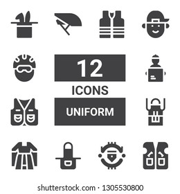 uniform icon set. Collection of 12 filled uniform icons included Vest, Manchester united, Apron, Gown, Delivery man, Helmet, Boy, Hat