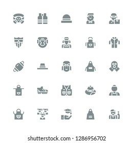 uniform icon set. Collection of 25 filled uniform icons included Barman, Apron, Graduation, Maid, Hat, Vest, Football shoes, Gas mask, Pilot, Dentist mask, Lab coat, Clerk, Headgear