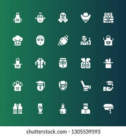 uniform icon set. Collection of 25 filled uniform icons included Helmet, Bellboy, Delivery man, Referee, Vest, Graduation, Hockey, Arsenal, Hat, Apron, Lab coat, Barman, Dentist mask