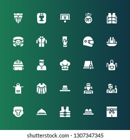 uniform icon set. Collection of 25 filled uniform icons included Martial arts, Hat, Vest, Helmet, Boxing helmet, Barman, Clerk, Gown, Apron, Bellboy, Referee, Lab coat, Gas mask