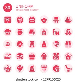 uniform icon set. Collection of 30 filled uniform icons included Martial arts, Gown, Vest, Apron, Hat, Boy, Delivery man, Gas mask, Barman, Arsenal, Graduation, Helmet, Lab coat