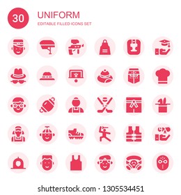 uniform icon set. Collection of 30 filled uniform icons included Bellboy, Helmet, Paintball, Apron, Headgear, Hat, Penalty, Student, Dentist mask, Maid, Hockey, Martial arts, Clerk