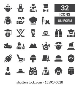 uniform icon set. Collection of 32 filled uniform icons included Helmet, Gas mask, Clerk, Vest, Hat, Delivery man, Hockey mask, Hockey, Dentist mask, Witch hat, Militar, Apron