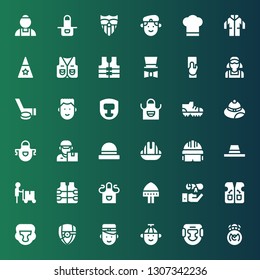 uniform icon set. Collection of 36 filled uniform icons included Real madrid, Headgear, Boy, Bellboy, Arsenal, Boxing helmet, Vest, Graduation, Helmet, Apron, Delivery man, Hat