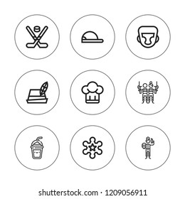 Uniform icon set. collection of 9 outline uniform icons with baseball cap, boxing helmet, hat, frappe, hockey, paintball icons. editable icons.