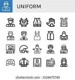 uniform icon set. Collection of Doorman, Graduated, Hockey, Vest, Gloves, Bulletproof vest, Pilot, Bellboy, Apron, Mortarboard, Helmet, Captain, Fireman, Cap, Firefighter uniform icons