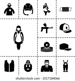 Uniform icons. set of 13 editable filled uniform icons such as security guy, maid, sleeveless shirt, baseball cap, paintball, medical reflector, doctor with medical reflector