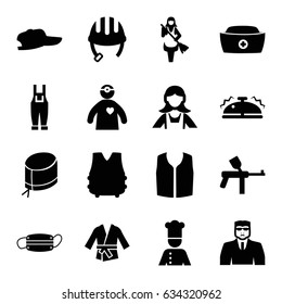 Uniform icons set. set of 16 uniform filled icons such as helmet, security guy, maid, sleeveless shirt, gardener jumpsuit, nurse hat, doctor with medical reflector