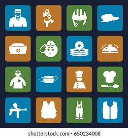 Uniform icons set. set of 16 uniform filled icons such as helmet, security guy, maid, sleeveless shirt, soldier emot, gardener jumpsuit, nurse hat, medical reflector